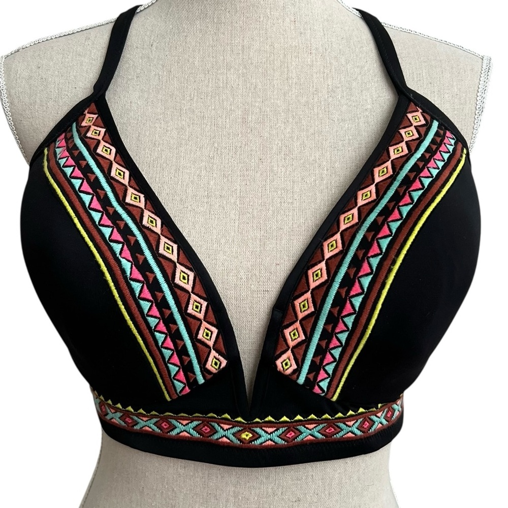 Black Embroidered Western Boho Strappy Bikini Swim Top 36DD